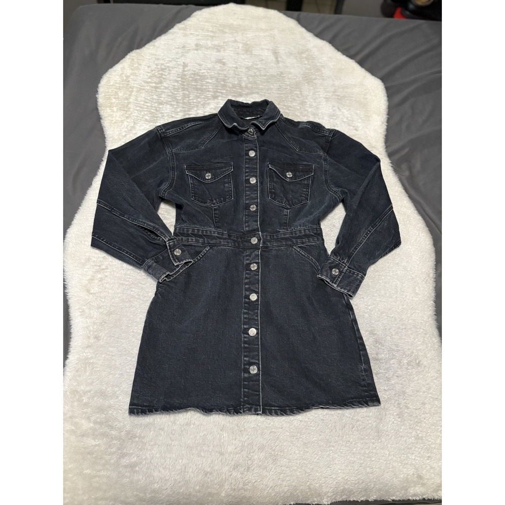 Zara‎ Women's Black Mini Denim Button Dress Faded Size Medium